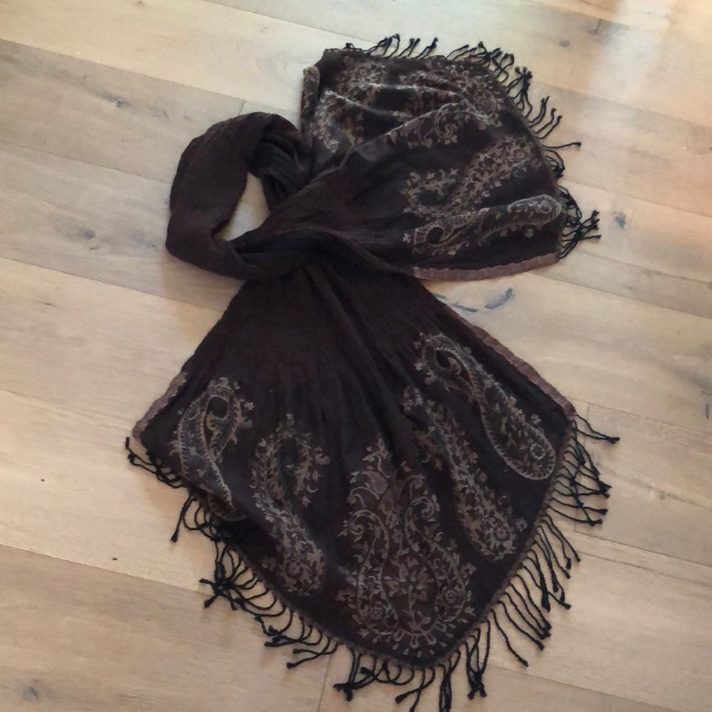 Long Woollen Scarf with burnt brown, beige and black woven paisley design.